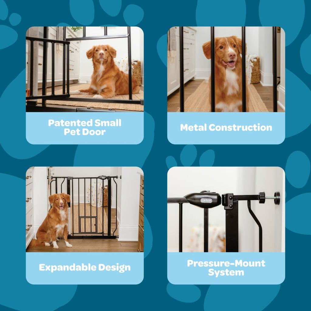 29-36.5" Extra Wide Dog Gate with Small Pet Door, Walk-Through Pressure Mounted Metal Indoor Pet Safety Gate, Black