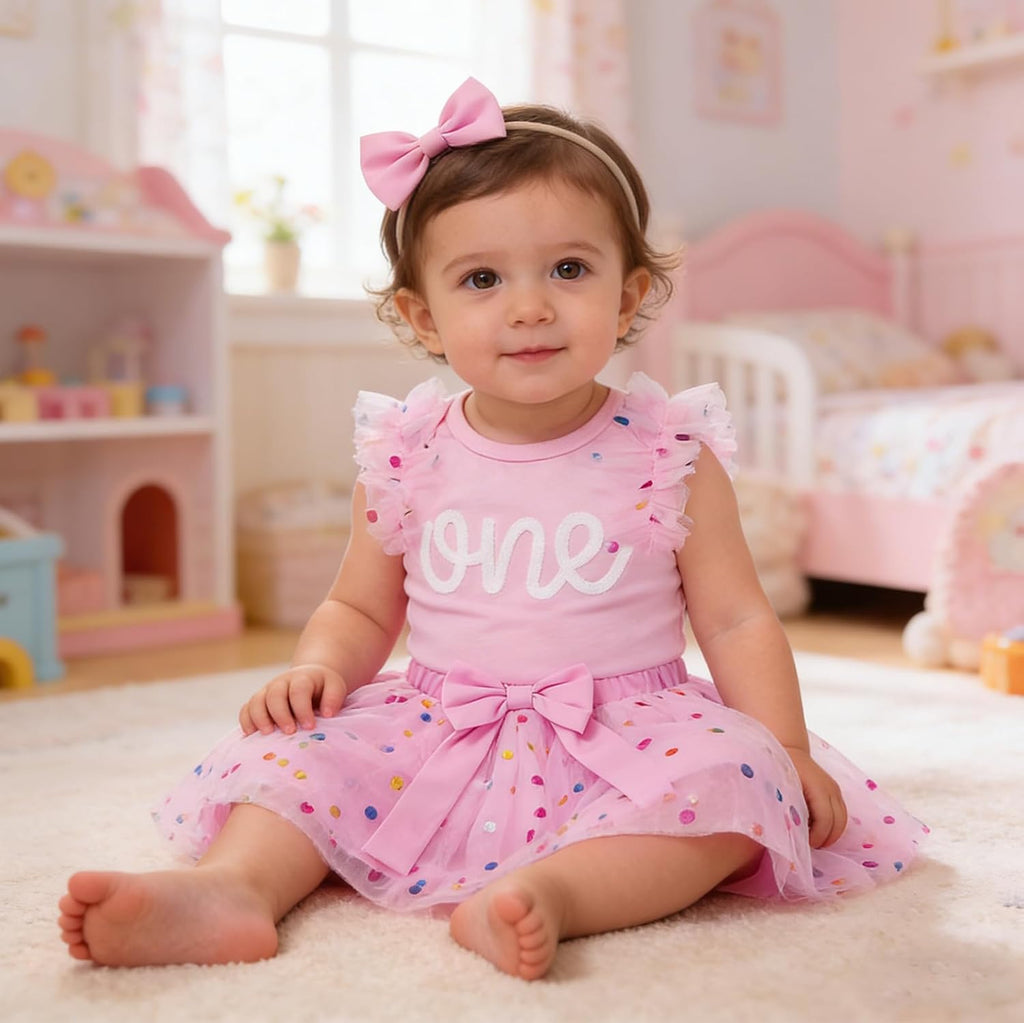 1st Birthday Girl Outfit Flower Romper Tutu Skirt Headband Set