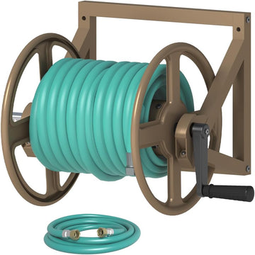 Garden Hose Reel Wall Mounted, Outdoor Heavy Duty Powder Coated Metal Water Hoses Holder Winder Holds 125 ft 5/8"