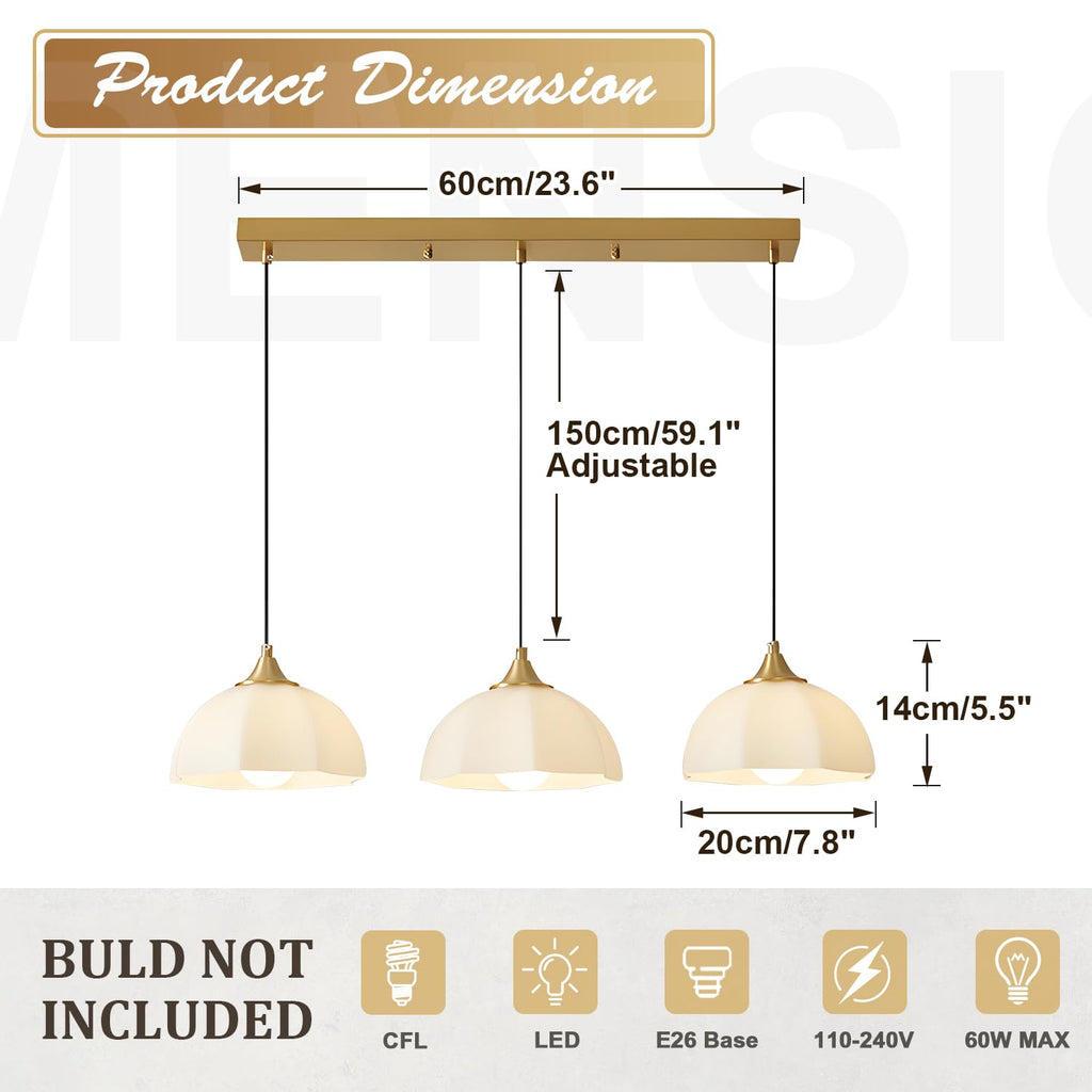 Modern 3 Light Pendant Lighting Gold Linear Dining Room Light Fixture Milk Glass Linear Chandelier Brass and White