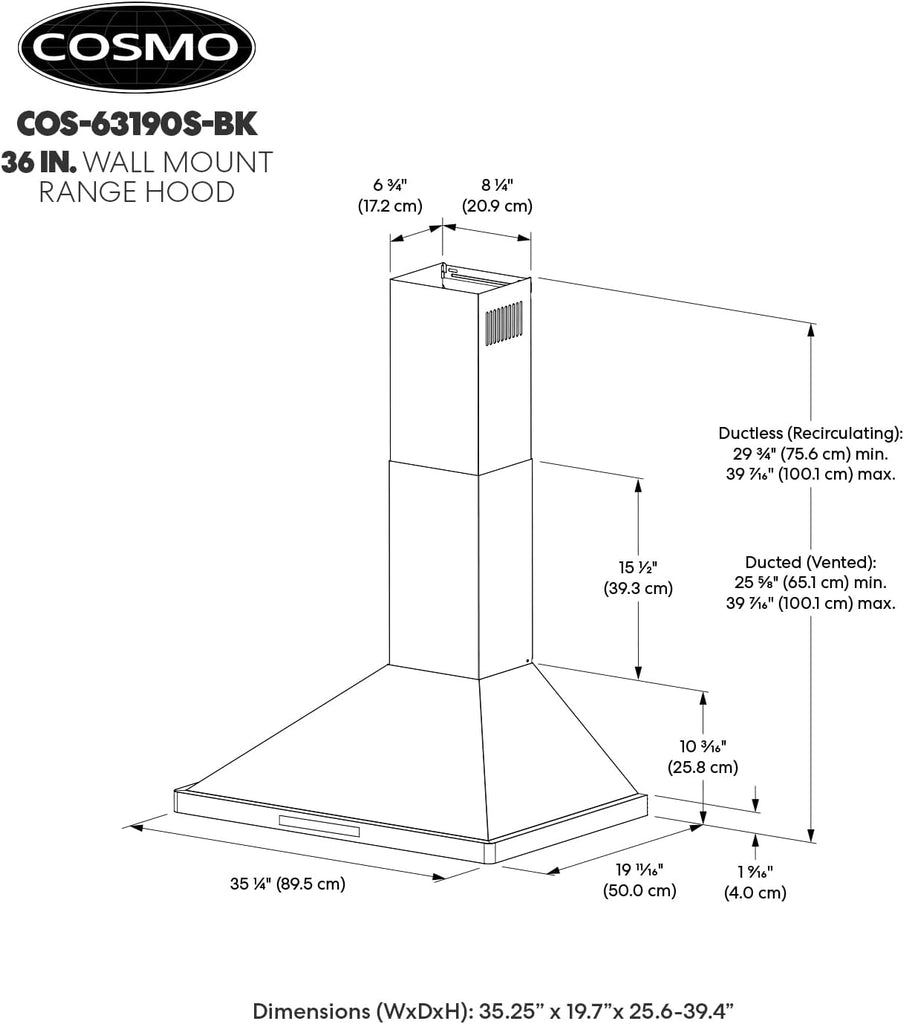 Stainless Steel Wall Mount Range Hood 380 CFM 3 Speed Push Button Control, LED Lights Ducted