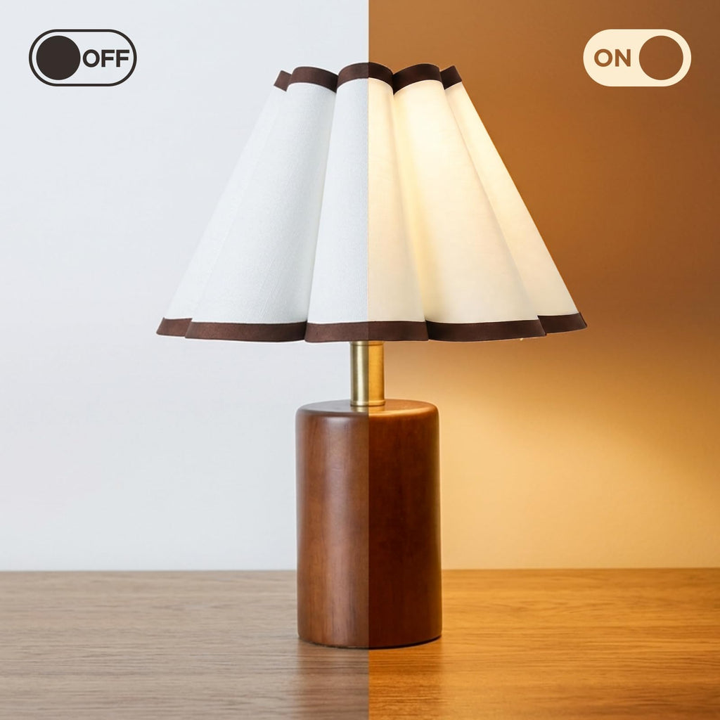 ModernTable Lamp, 12.6" Small Nightstand Light with Pleated Linen Shade&Solid Wood with Walnut Finish Base, Bedside