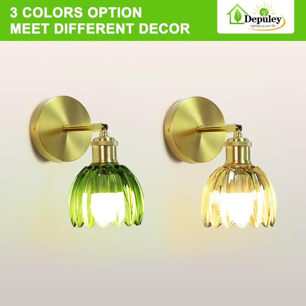 Battery Operated Wall Sconce: Set of 2 Wireless Wall Lights with Tulip Glass Lampshade - Rechargeable 15 Colors Gold