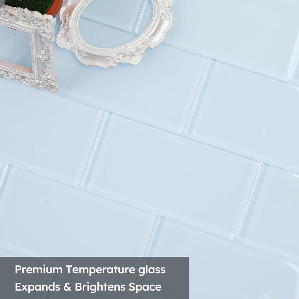 Light Blue Glass Subway Tile, 3x6 Inch, 4 Sq.Ft, Glass Backsplash Tile Shower Bathroom Wall, Pack-32 Pcs