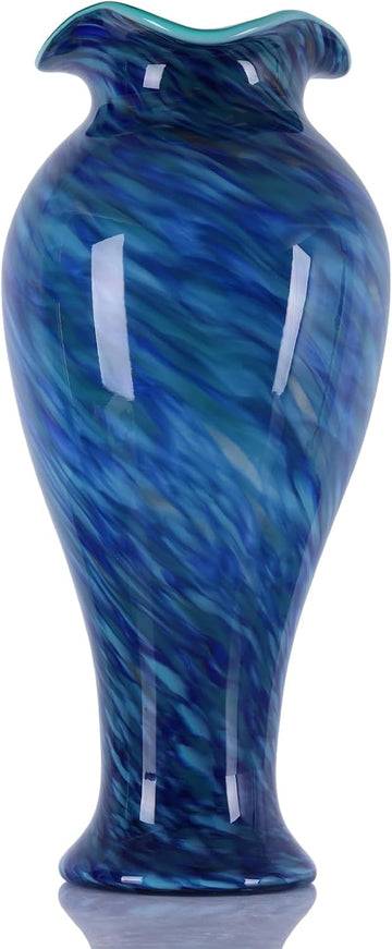 Hand Blown Glass Vase, Large Blue Glass Vase, Modern Glass Art Decor for the Living Room Coffee Table, Dining Table