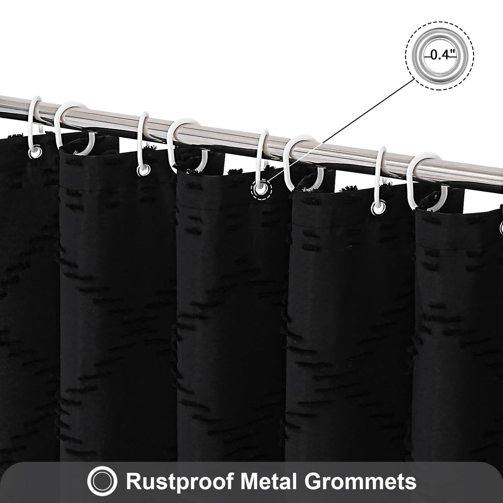 Black Boho Woven Fabric Shower Curtain with Tassel 72x72, Tufted Textured