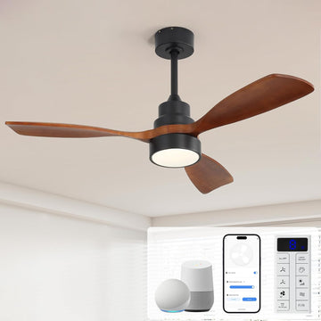 48 Inch Smart Ceiling Fan with Light and Remote - 3 Solid Wood Blades, Dimmable LED, Reversible DC Motor, Works with Alexa & Google