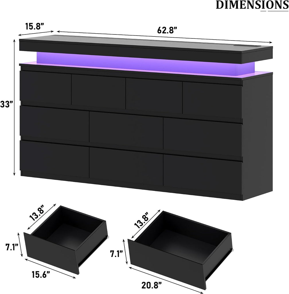 10 Drawer Dresser , 63" Wide 34" Tall Drawer Organizer Cabinet with LED Light and Charge Station, Modern Chest of