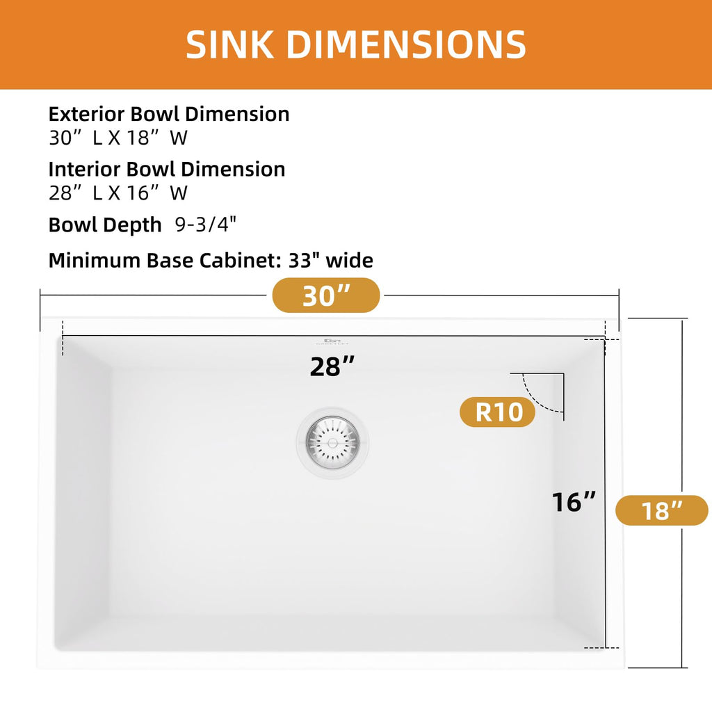 Quartz Kitchen Sink, 30 Inch White Undermount Kitchen Sinks, Deep Single Bowl Granite Composite Sink, Modern Sinks