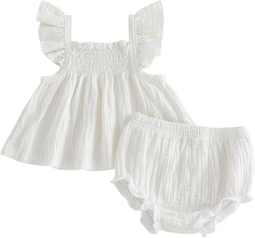 Baby Girl Summer Clothes Cute Basic Plain Cotton Linen Ruffle Tops Dress Shorts Outfits Set Shirt Princess Outfit