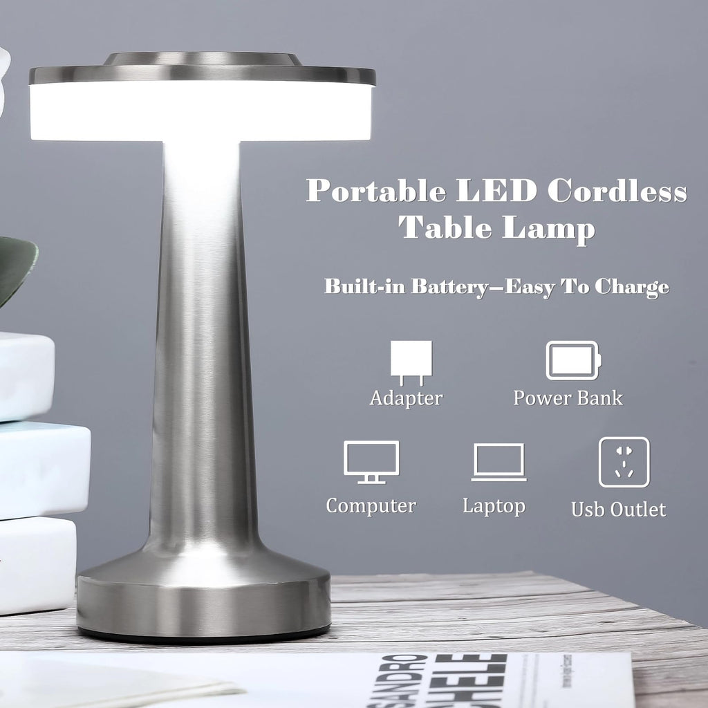 2 Pcs LED Cordless Table Lamp Bulk Rechargeable,Silver