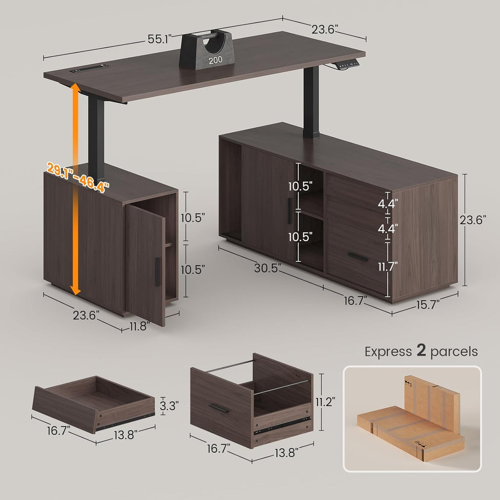 L Shaped Electric Standing Desk with 3 Drawers and Power Outlet, 55.1" x 47.2" Height Adjustable Home Office