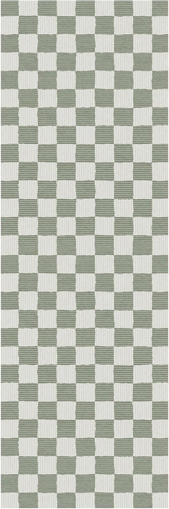 Washable Hallway Runner Rug Sage Green Rug Checkered Geometry Neutral Line Non-Slip Soft Long Carpet Kitchen