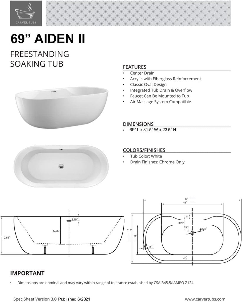 Tubs - Aiden II 69” - Modern Freestanding Soaking Bathtub, Two Person Soaking Free Standing Bathtub w/Chrome Drain