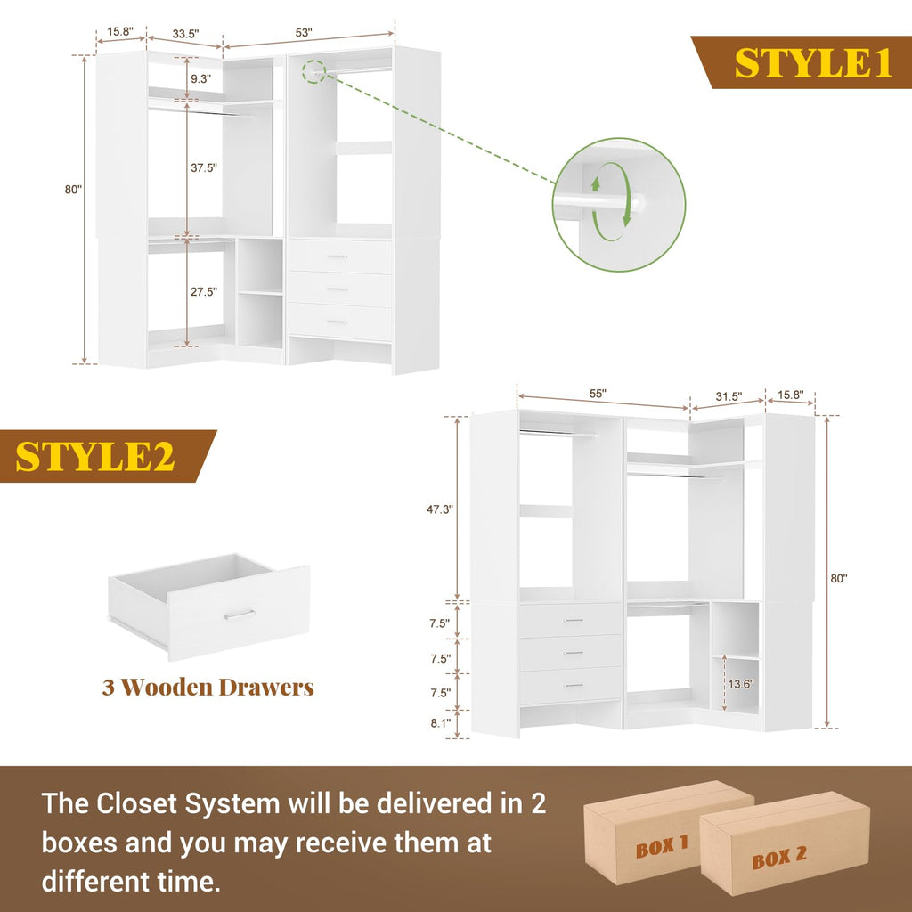 Closet System with 3 Drawers, 2 Hanging Rods & Corner Tower, Corner Closet System with Hanging, L-Shaped Walk-In