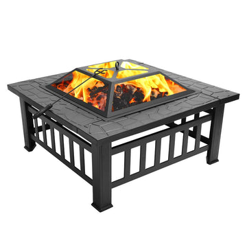 Outdoor Portable Fire Pit with Poker and Mesh Lid, 32" Square Metal Wood Burning FirePit Backyard Patio Terrace