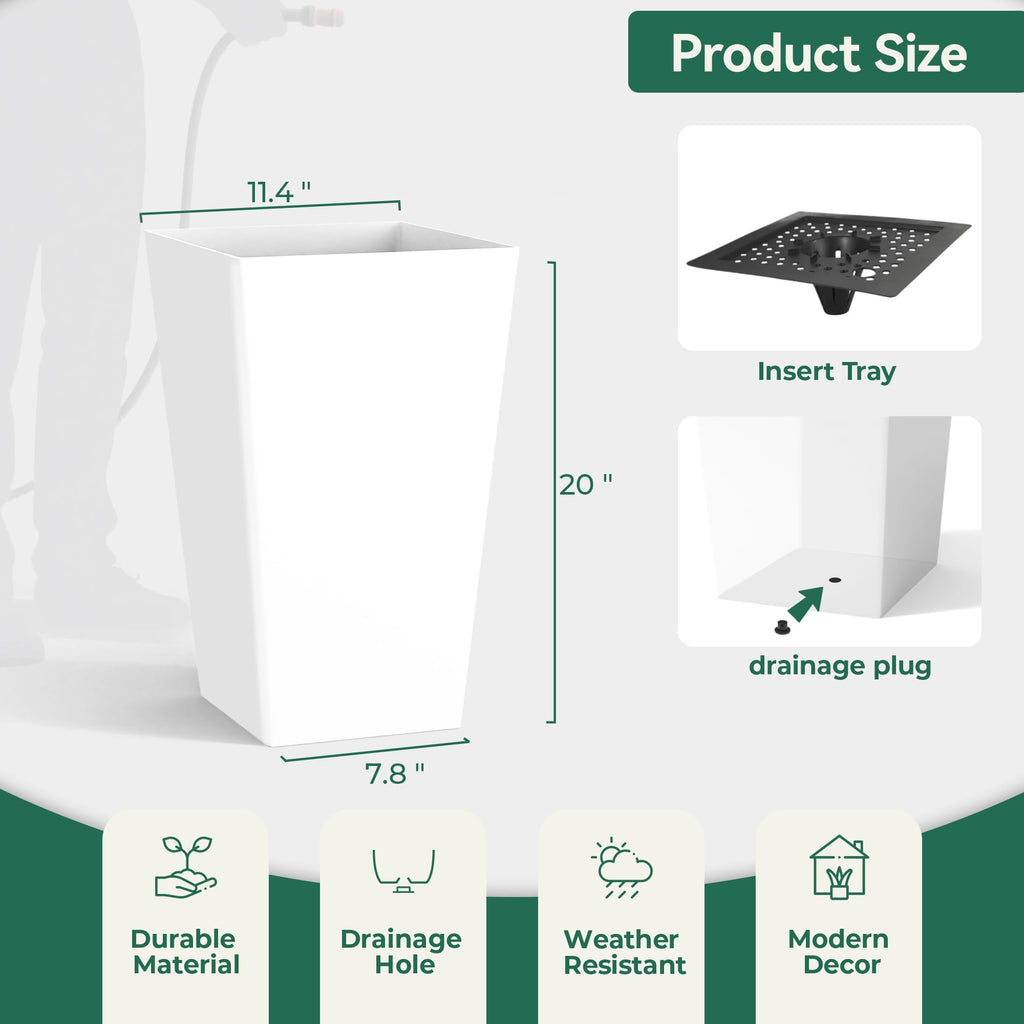 Garden 20" White Plant Pots Tall Flower Pots Set of 2 Planters