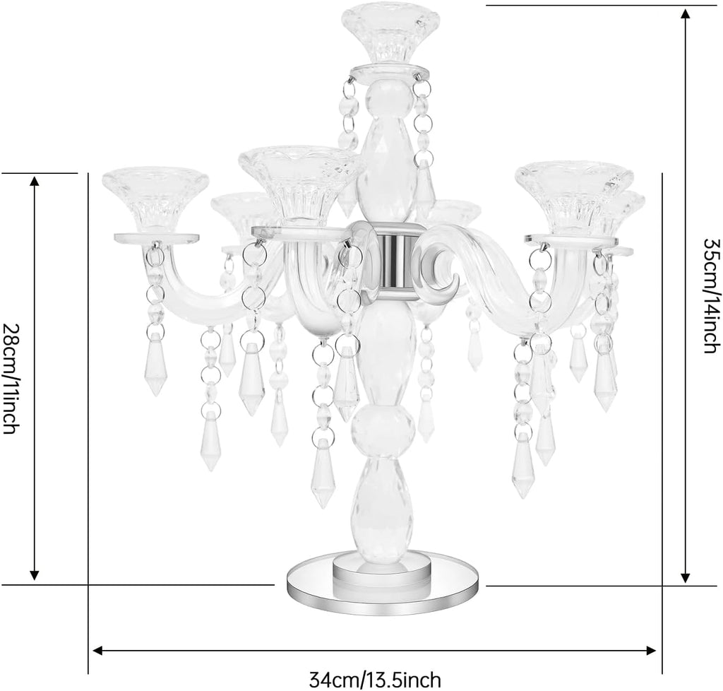 7 Arm Crystal Candelabra for Dining Table Centerpiece, 14 Inch Tall Glass Candle Holder, Elegant Clear Candle