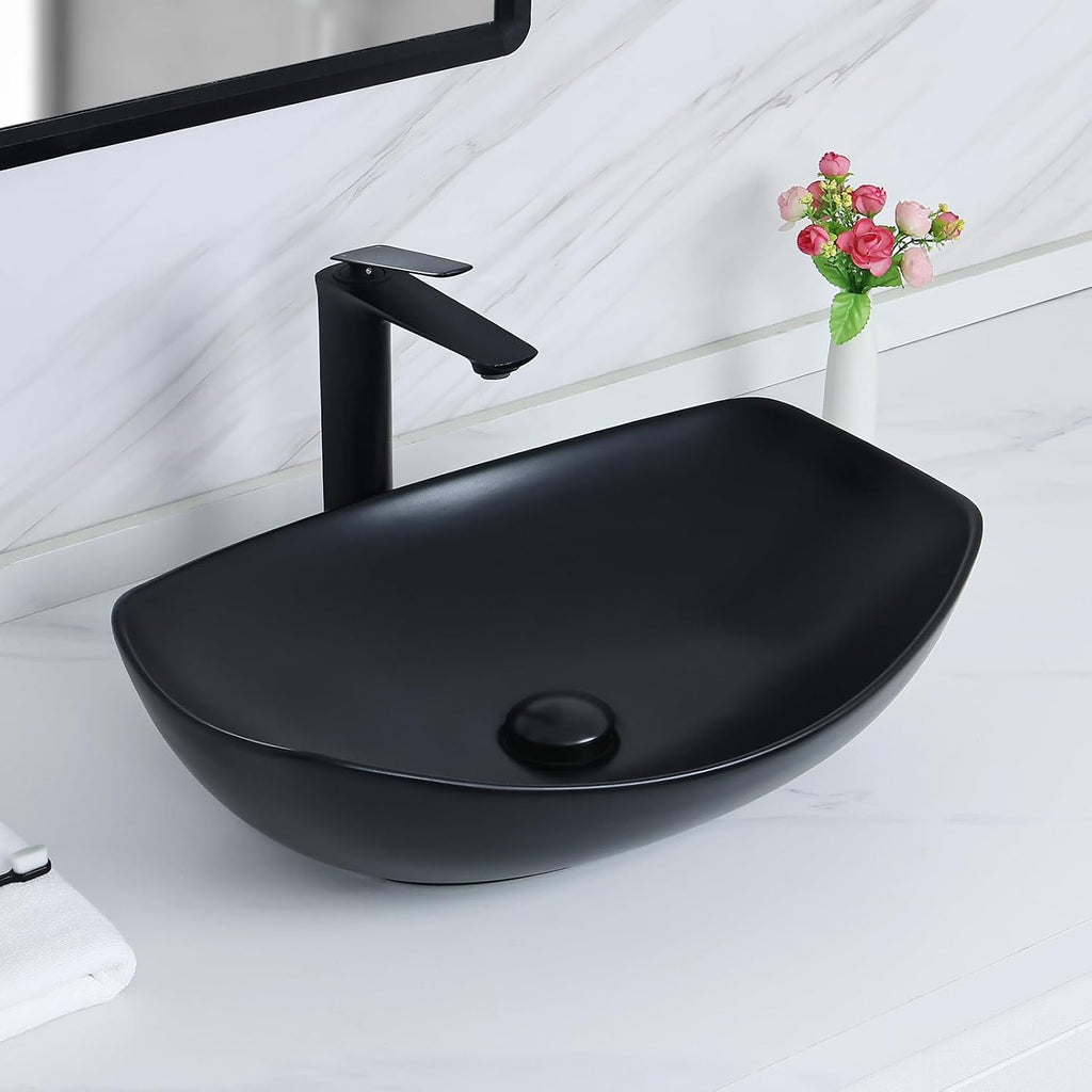 22" x 15.7'' Large Matte Black Oval Vessel Sink with Pop Up Drain,Bathroom Vessel Sinks,Bathroom Sinks Above