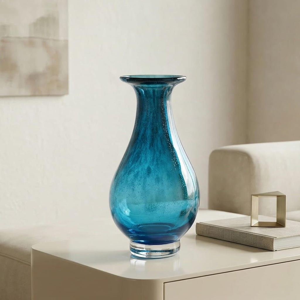 Glass Vase, Hand Blown Wide Mouth Art Glass Vase, Murano Style Decorative Flower Vase Decor, Mantel, Dining Table