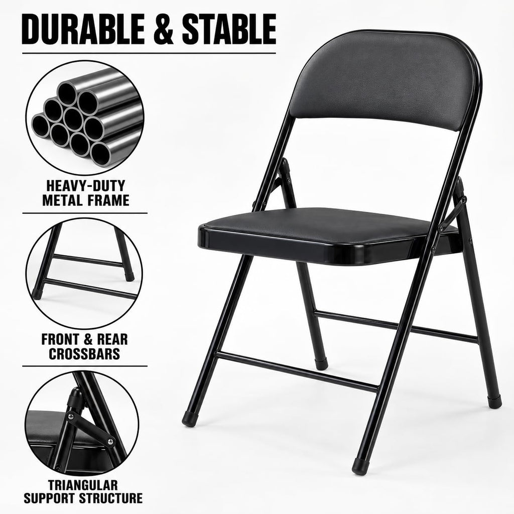 10 Pack Folding Chair, Black Folding Chairs with Cushion Portable Stackable Commercial Seat with Steel Frame, Padded