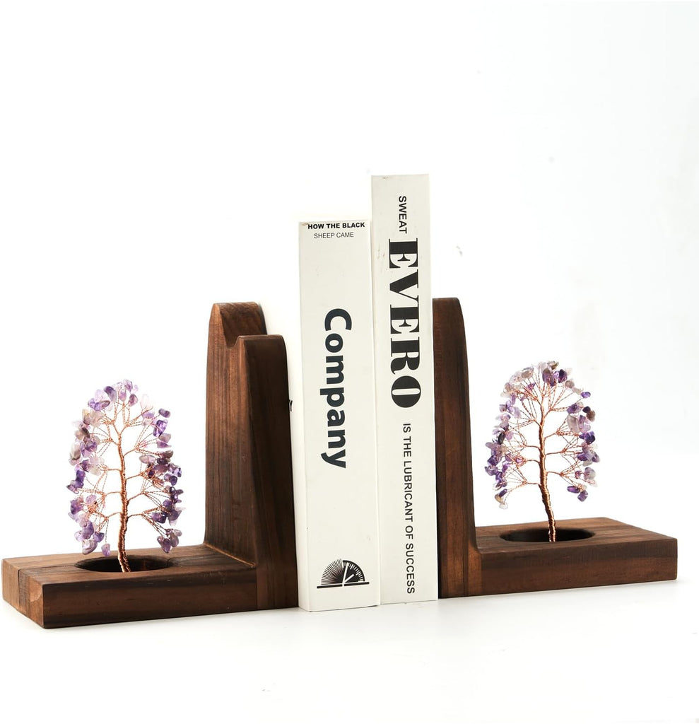 Wood Bookends for Shelves with Crystal Tree, Geode Bookstoppers for Heavy Books,Agate Stone Boodend Decor for Unique