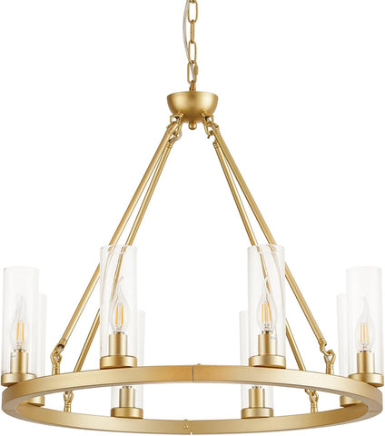 27D Gold Wheel Chandelier 8 Light Round Metal Pendant Light with Clear Glass Shades for Dining Room Kitchen Living Room Industrial Farmhouse Lighting Fixture A115-B0C89Z1J9H