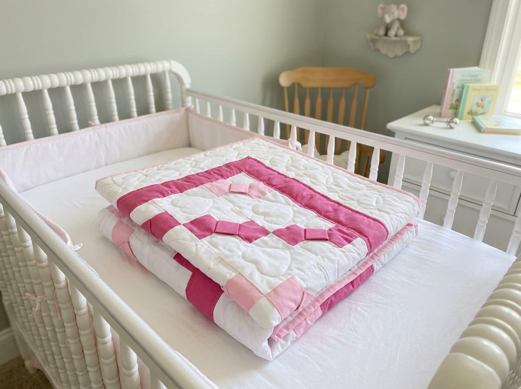 Baby Girl Quilt Hand Sewn Dark Light Pink Bow Ties Polka Dot Back