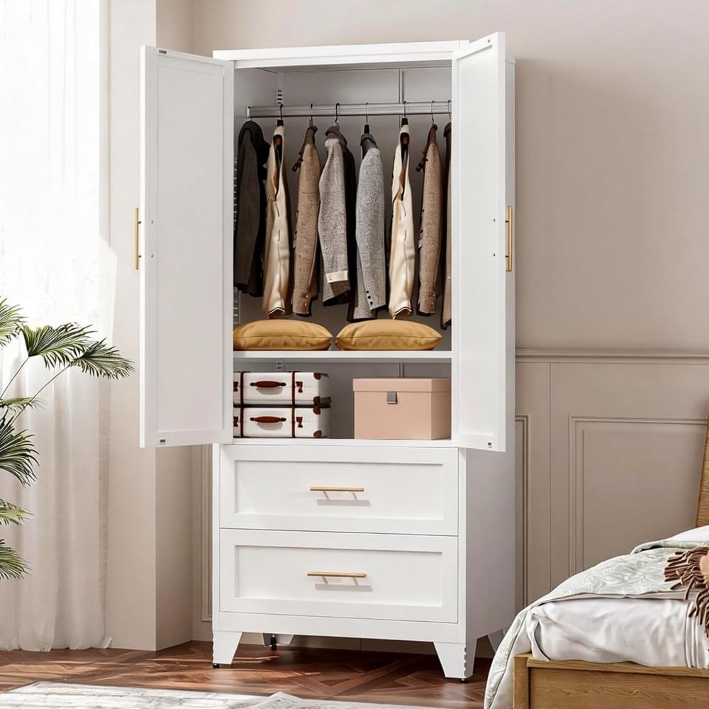 71" Tall Metal Wardrobe Cabinet with 2 Drawers and Hanging Rod, 2 Doors Wardrobe Closet with Shelf (White + Steel)