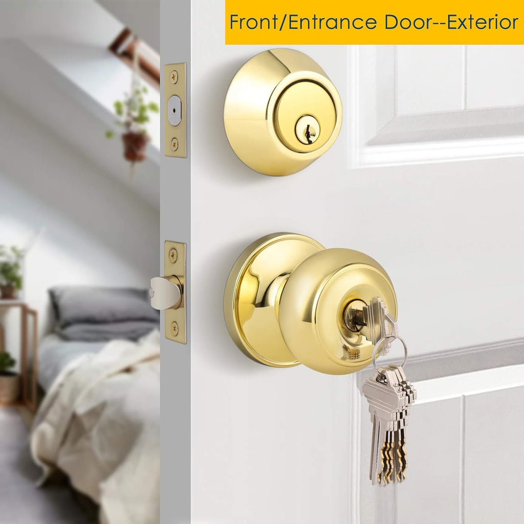 1 Pack Polished Brass Round Style Entry Door Knobs and Deadbolt Combination Set, Keyed Alike Double Cylinder Deadbolt
