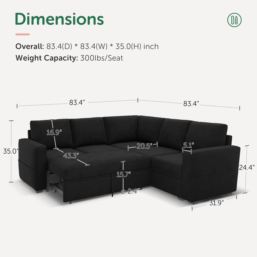 Modular Sectional Sleeper Sofa with Pull-Out Bed, Velvet L-Shaped Sofa with Storage Seat, Sectional Sofas for the