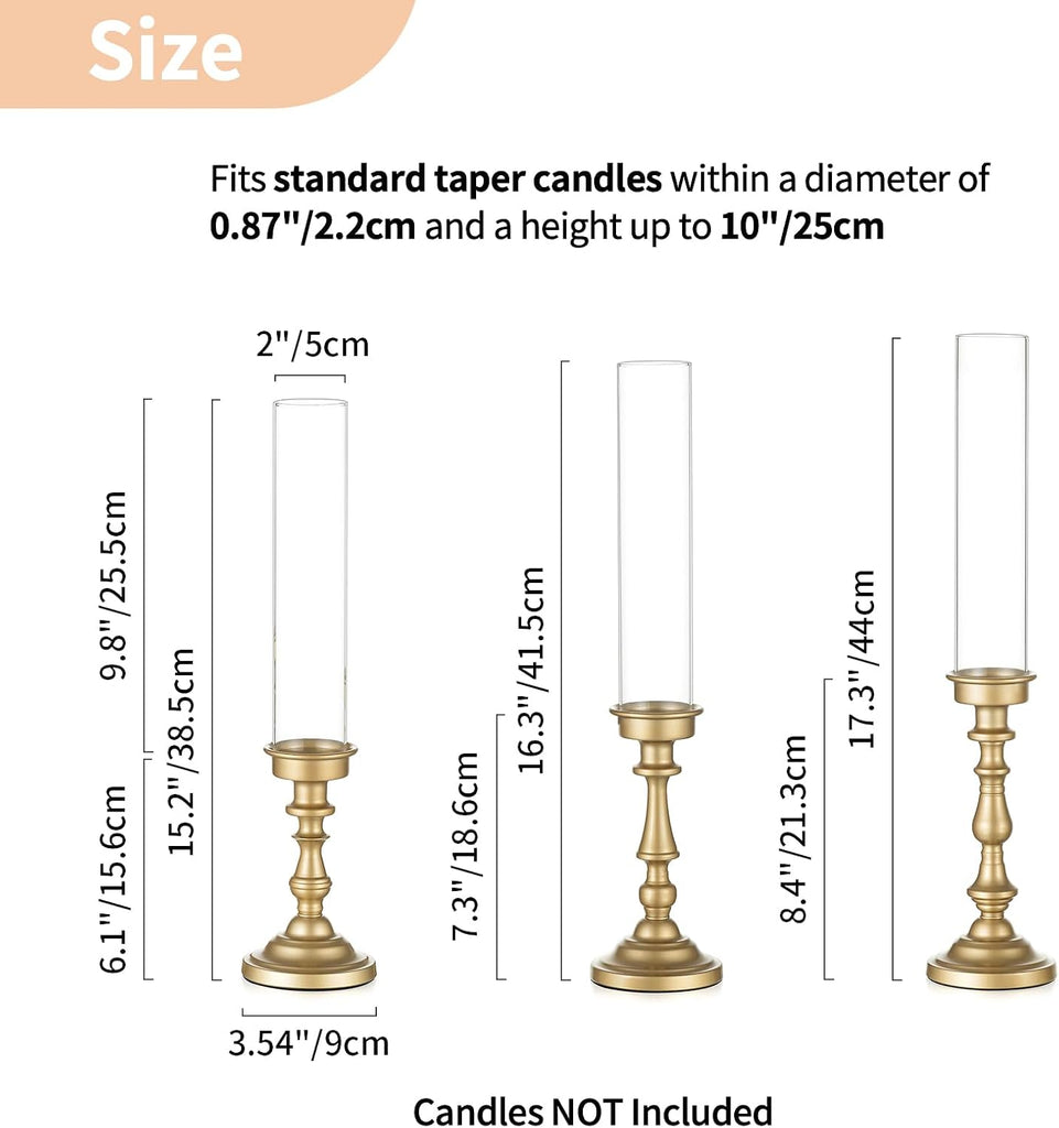 Gold Candlestick Holders Bulk: Set of 6 Tall Hurricane Glass Taper Candleholders - Vintage Candles Stick Stand for