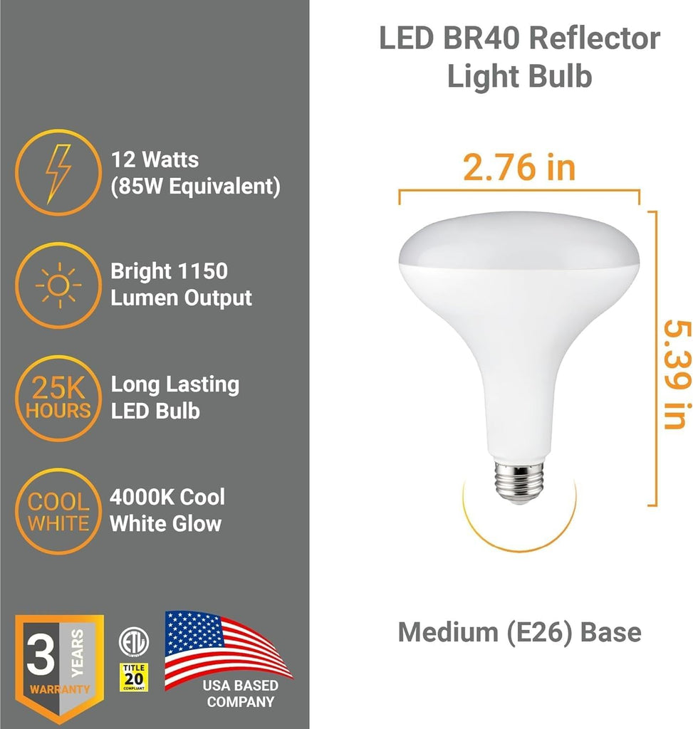 BR40 LED Light Bulb 12W (85W Equivalent) 1150 Lumens 4000K Cool White E26 Medium Base Dimmable Damp Rated Pack of 6