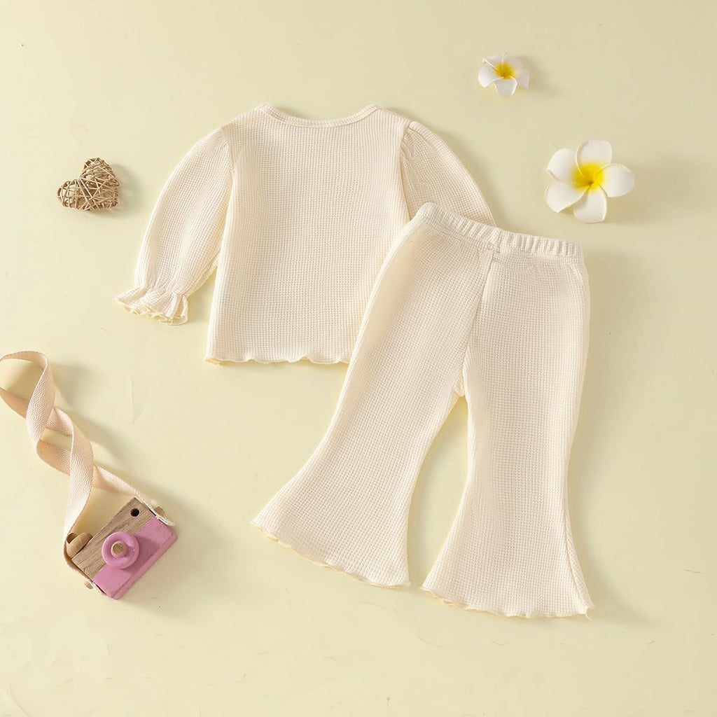Toddler Girl Fall Outfits piece Baby Lantern Sleeve Shirt and Flared Pant Clothes Set Waffle Clothing for Girls