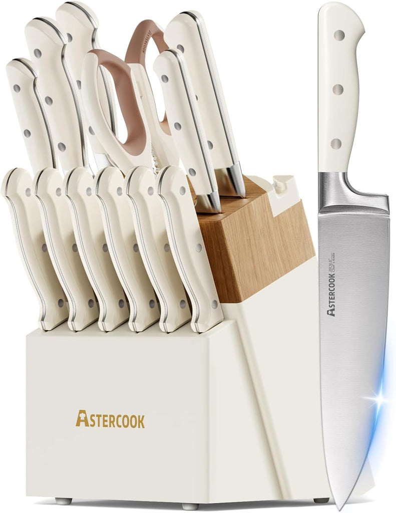 Knife Set, Kitchen Knife Set with Block 14-Piece Full Tang Stainless Steel Knives with Sharpener Dishwasher Safe and