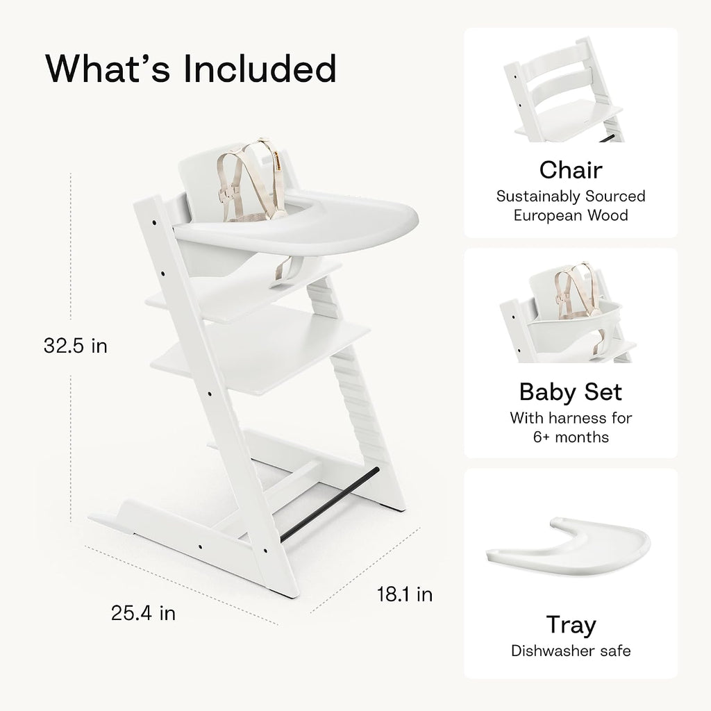 Tripp Trapp High Chair White with White Tray Signature Edition Includes Chair + Tray + Baby Set with Removable