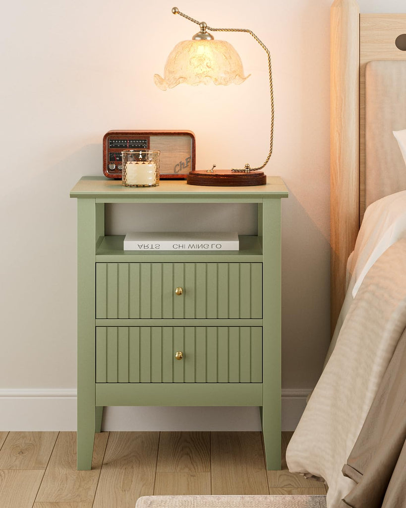 Fluted Nightstand, Farmhouse Night Stand with 2 Drawers, Mid Century Modern Side Accent Table, Bedside End Table