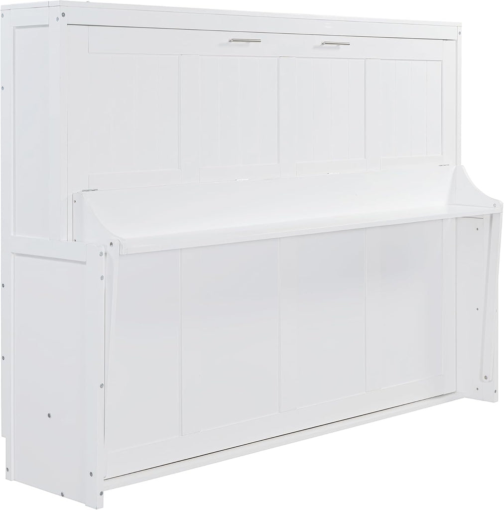 Horizontal Murphy Bed Queen,Hidden Folding Wall Bed Frame with Hydraulic Lift&Desk,Wood Cabinet Platform Bed can be