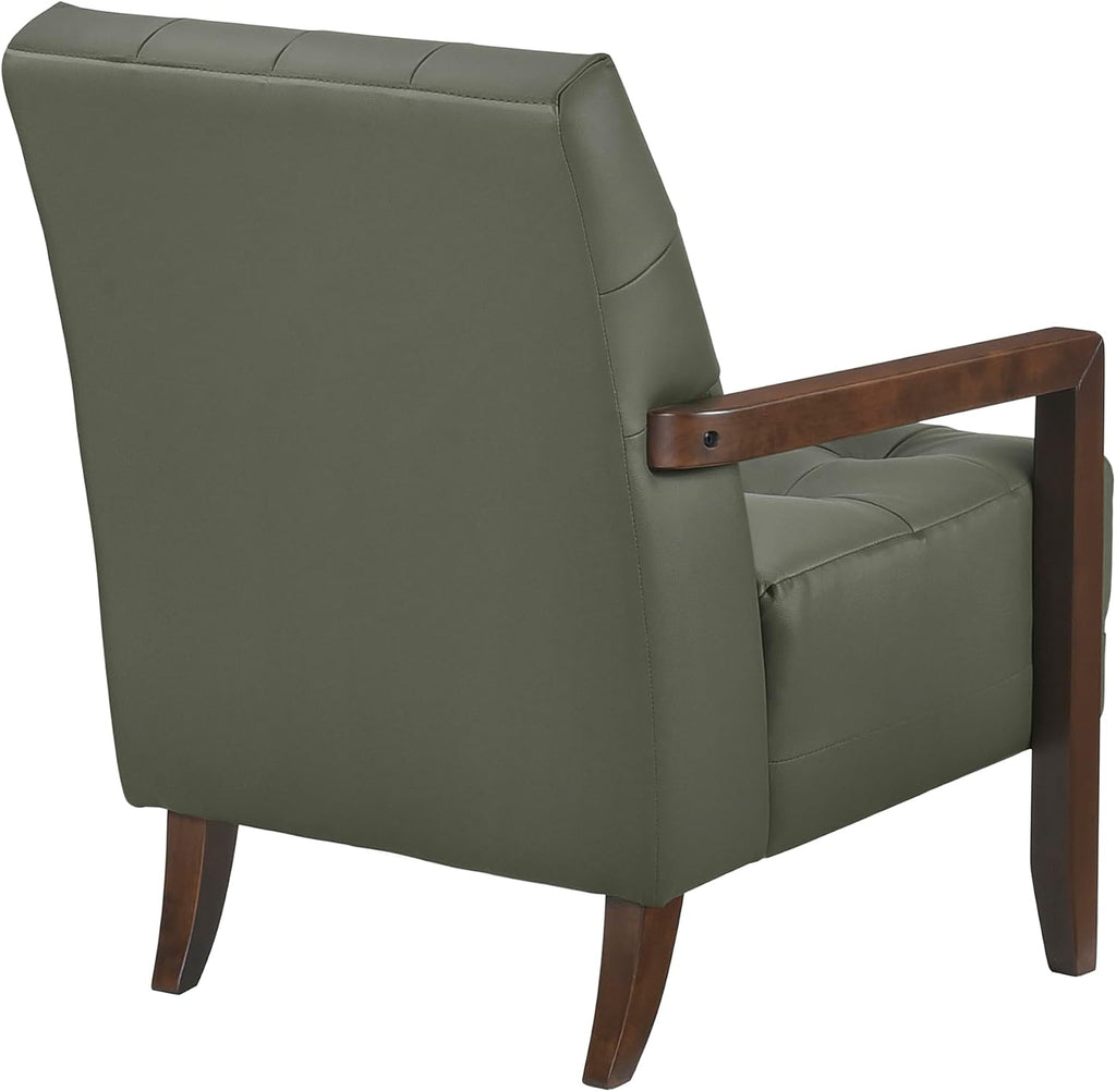 Modern Leather Match Accent Chair,Tufted,Solid Wood Arms,Green