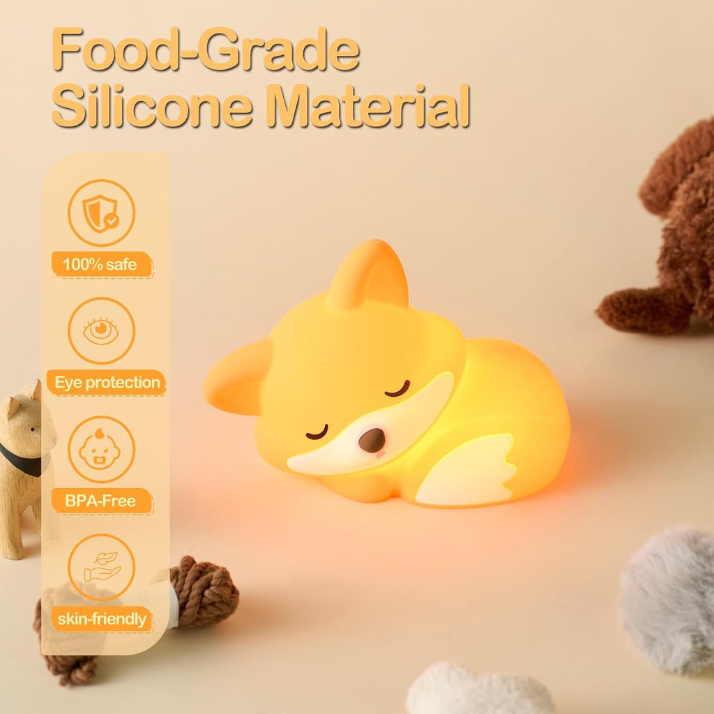 Fox Night Light, LED Squishy Novelty Animal Lamp, Food Grade Silicone, 2 Level Dimmable, Nursery Nightlight for Desk