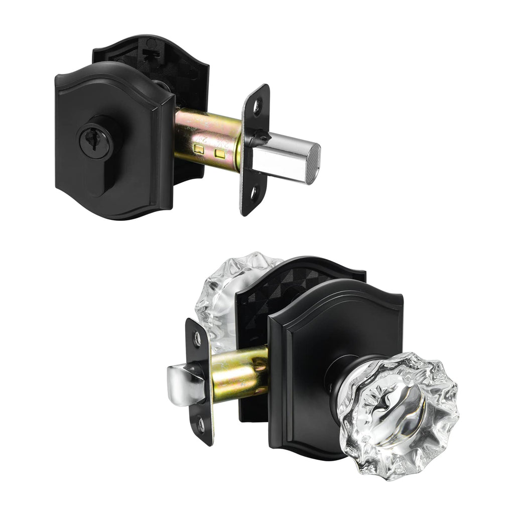 Crystal Glass Passage Door Knob and Single Cylinder Deadbolt Combo Set, Matte Black Finish, Keyed Alike