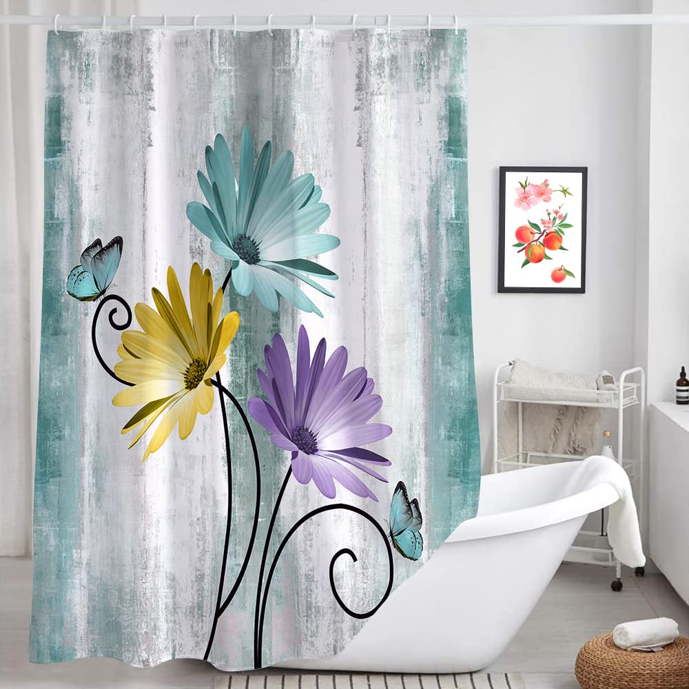 Happy Campers Rustic Farmhouse Shower Curtain, Farm Teal Daisy Floral Flowers on Country Wooden Travel Trailer