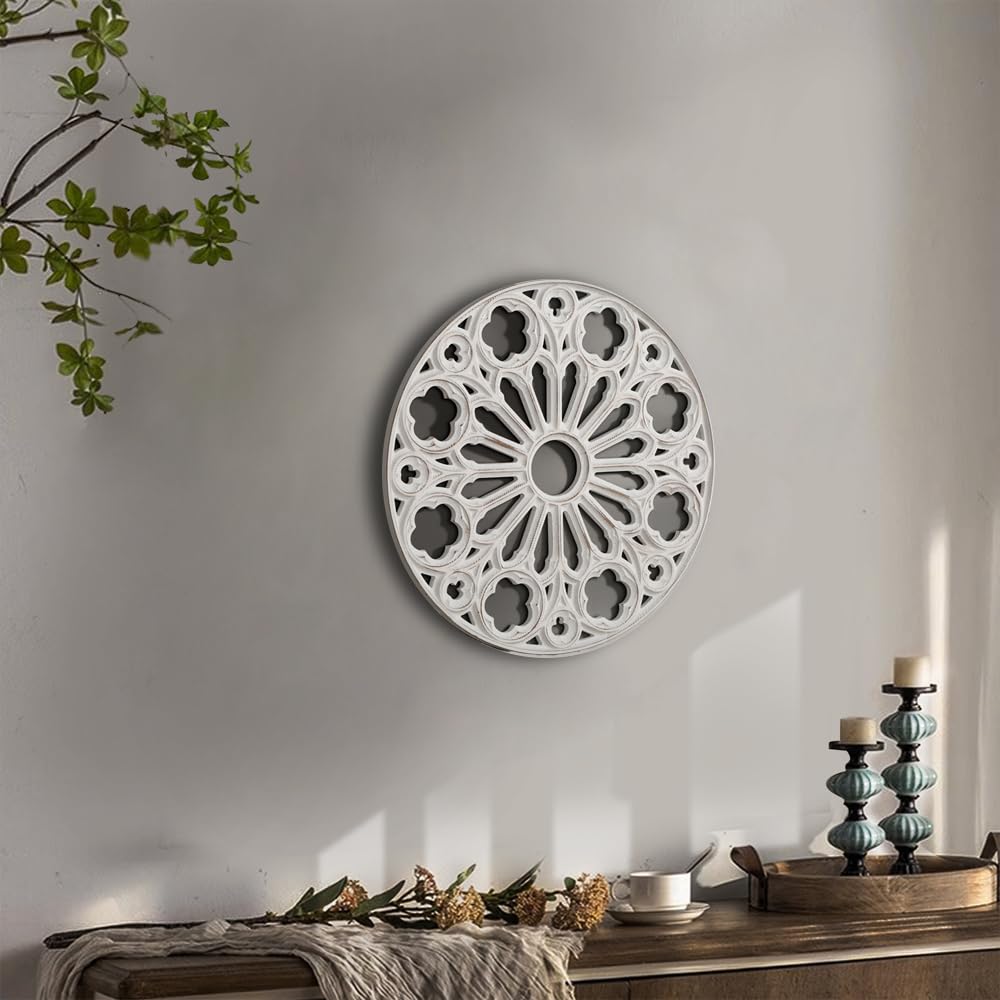 Round Hand-Carved Wood Wall Art, Floral Geometric Design, 16 Inch
