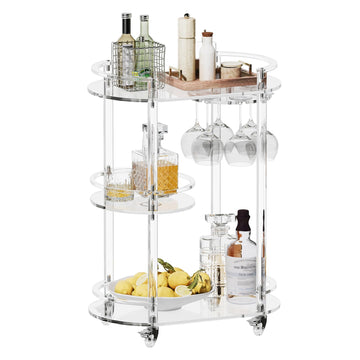 Acrylic Bar Cart with 4 Lockable Wheels, Clear Home Beverage Cart with Glass Holder, 3-Tier Rolling Serving Cart