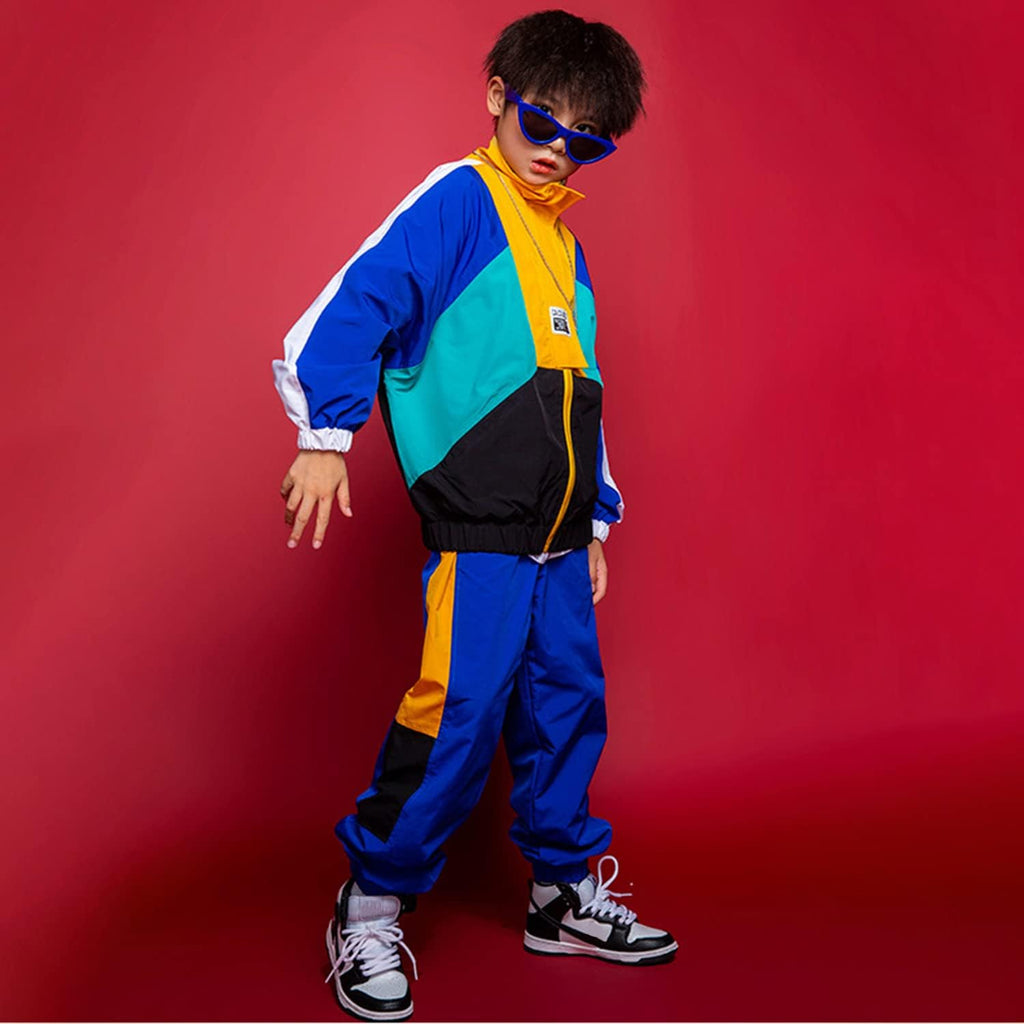 Boys Girls Color Block Jacket Track Pants Set Hip Hop Dance Clothes