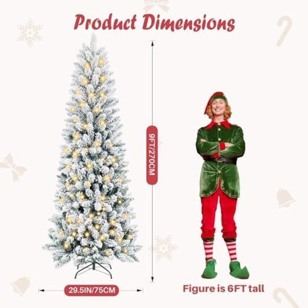 Snow Flocked Pencil Christmas Tree, Prelighted Artificial Slim Christmas Trees with 500 Incandescent Lights, 1100