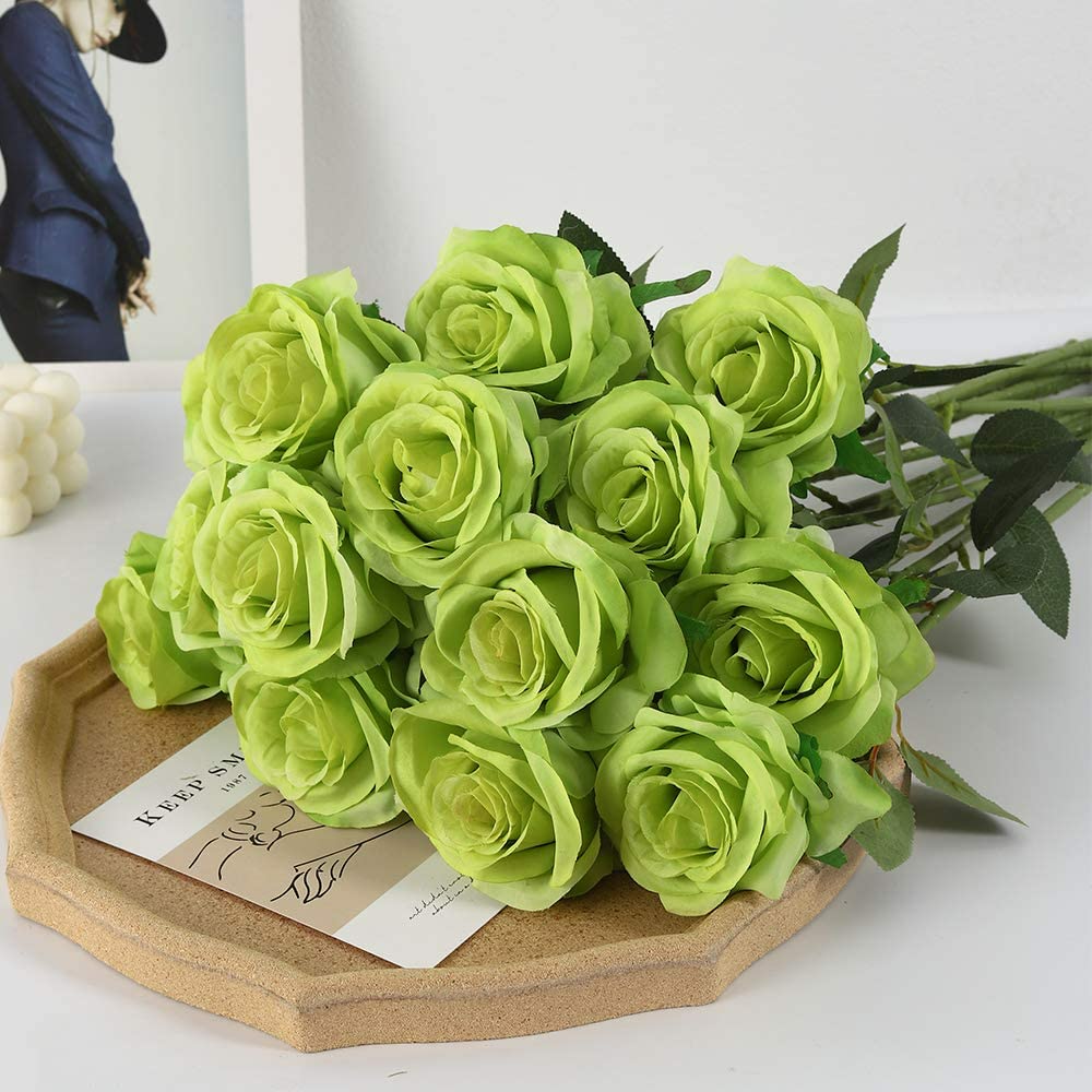 12 PCS Artificial Flowers Roses Silk Flowers Fake Long Stem Artificial Roses Wendding Kitchen Decorations(Green)