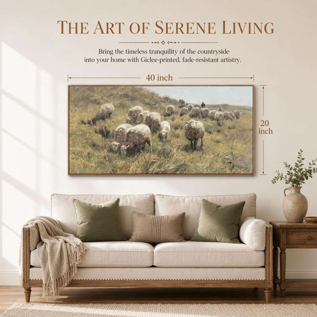 Large Framed Vintage Wall Art, Sheep on the Dunes Prints, 20x40in