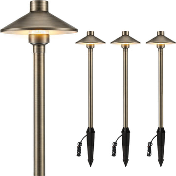 Solid Brass Low Voltage Landscape Pathway Lights (6.7'' Shade, 21.9'' Tall), 12V Commercial Grade LED Path Lights