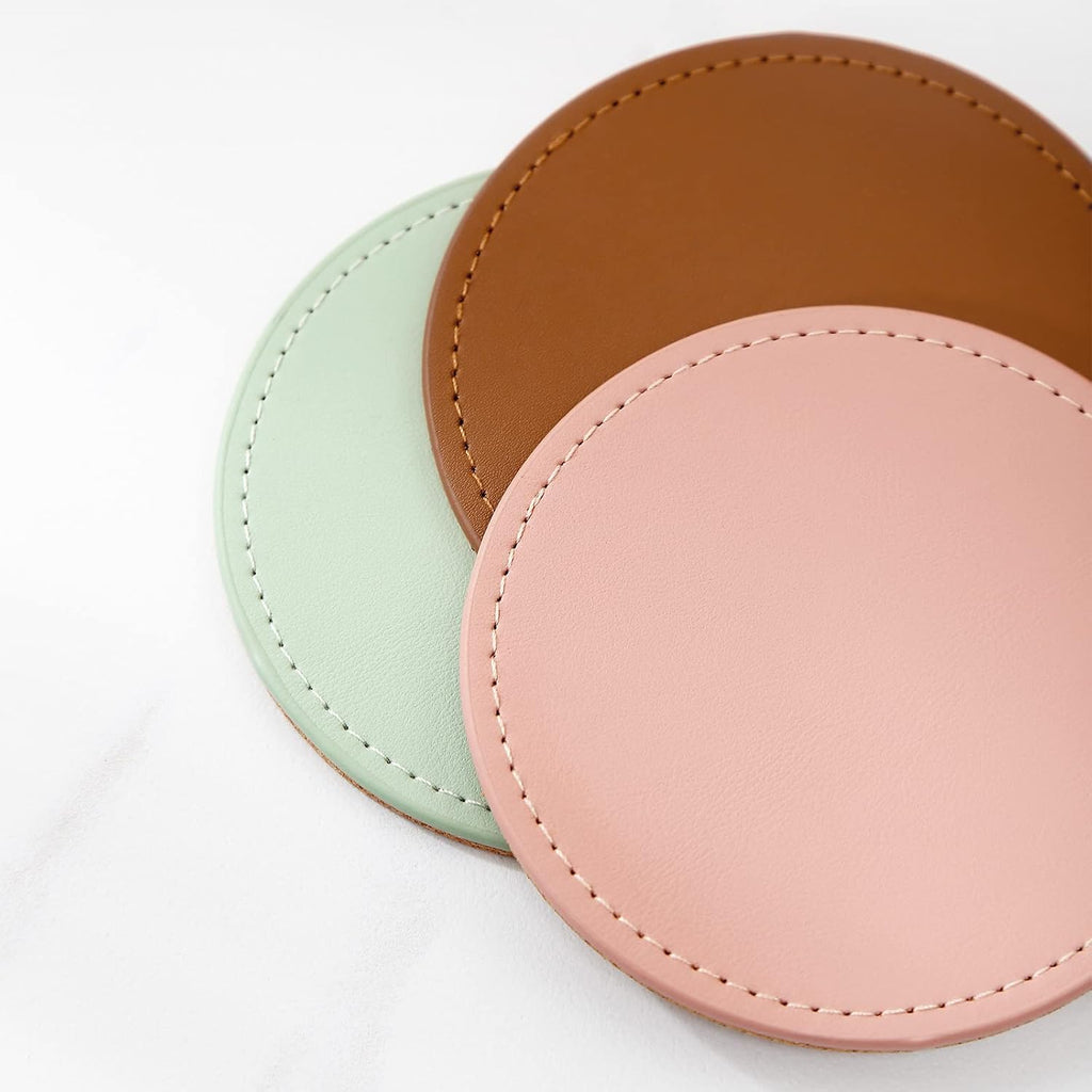 Drink Coasters with Metal Holder Stand, PU Leather Absorbent Coasters with Cork Base Table Coaster Set - Set of 6
